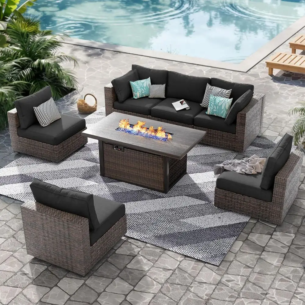 

7-Piece Outdoor Wicker Sectional Patio Furniture Set with Fire Pit Table and Cushions, Black