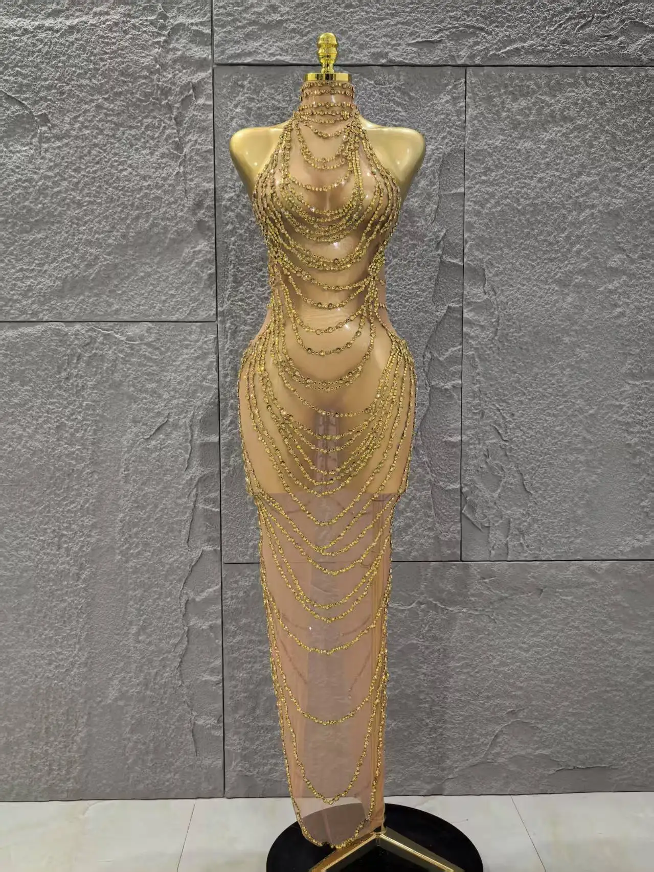 

Refined Rhinestone Transparent Mesh Long Dress Women Luxury Birthday Club Party Gown Stage Singer Performance Costume