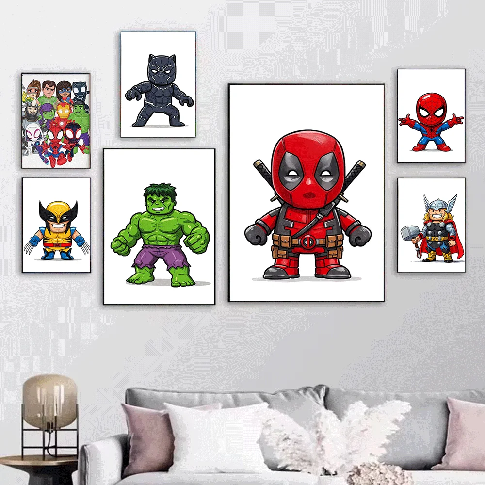 AZNM Cute Chibi Marvel Superhero Cartoon Frameless Canvas Wall Art Captain America Spider‑Man Iron Man Character Print Poster