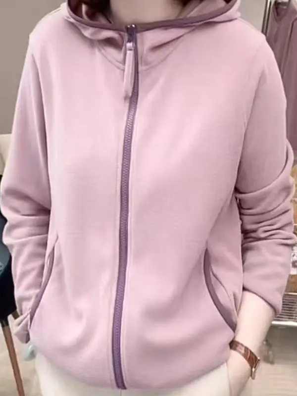 Autumn 2025 Women's Loose Fit Color Block Hoodie Cardigan Thickened Korean Style Commute Long Sleeve Zipper Closure  Color