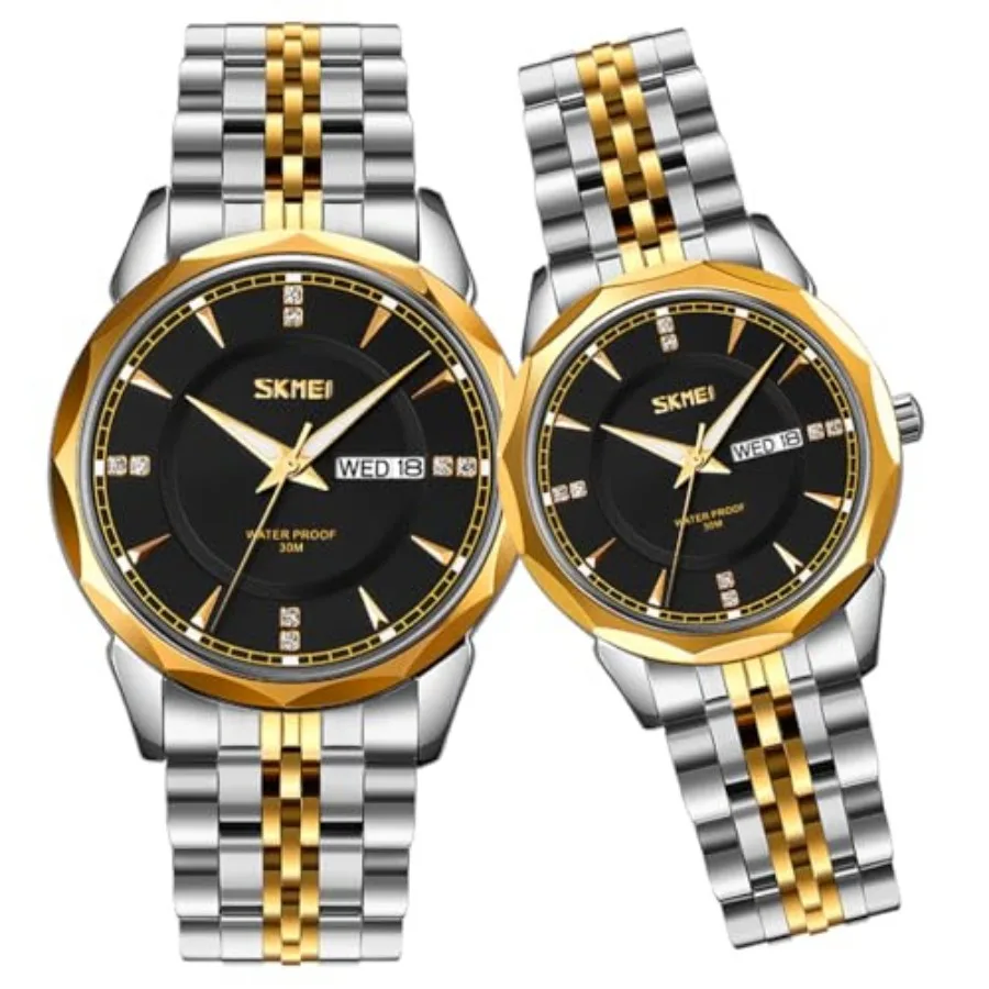 

SKMEI Pair Watches for Couples Men and Women His and Hers Watch Set Husband and Wife Valentines Matching Wedding Gifts Stainles