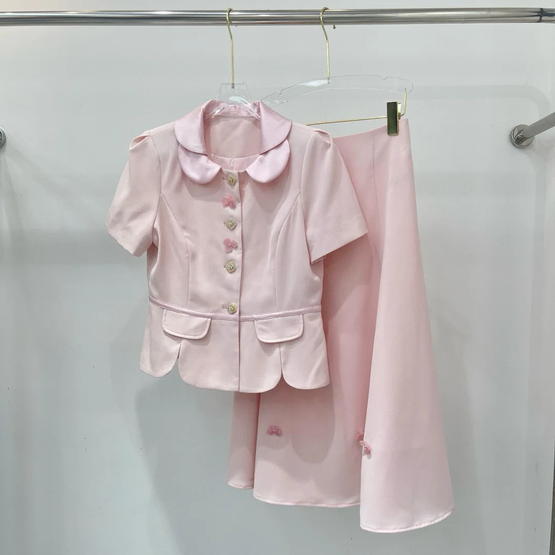 

Summer Women's High Quality Fashion Small Collar Short Sleeve Top Fashionable Skirt Two-piece Set