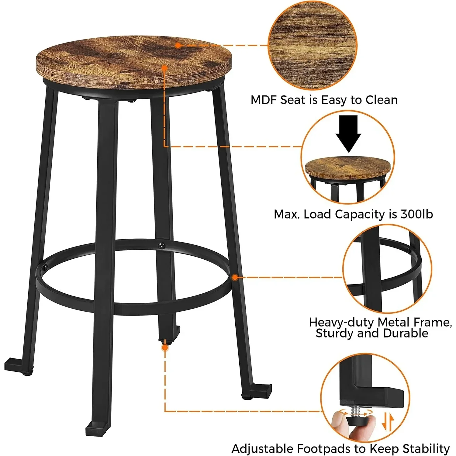 24 Inch Bar Stools Set of 2, Industrial Counter Height Stools, Backless Round Bar Chairs with Metal Legs for Kitchen Island