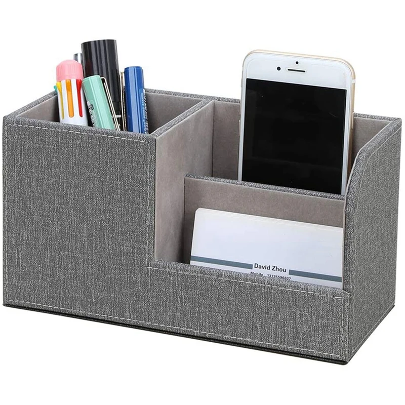 PU Leather Multi-Function Desk Stationery Organizer Storage Box Pen/Pencil, Business Cards Remote Control Holder (Grey)