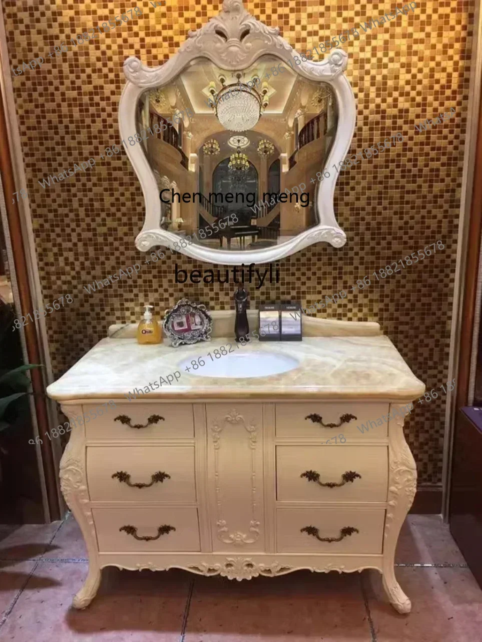 A  High-End Retro Bathroom Cabinet Combination Oak Bathroom Table Marble Double Basin Face Washing CabinetSS 8617