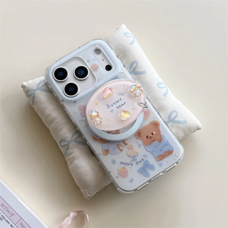 Kawaii Cartoon Bear Magnetic Phone Case For iPhone 17 Pro 16 15 14 Pro Max Cover with Magsafe Stand Holder Cute Cases 17Pro Capa - view 5