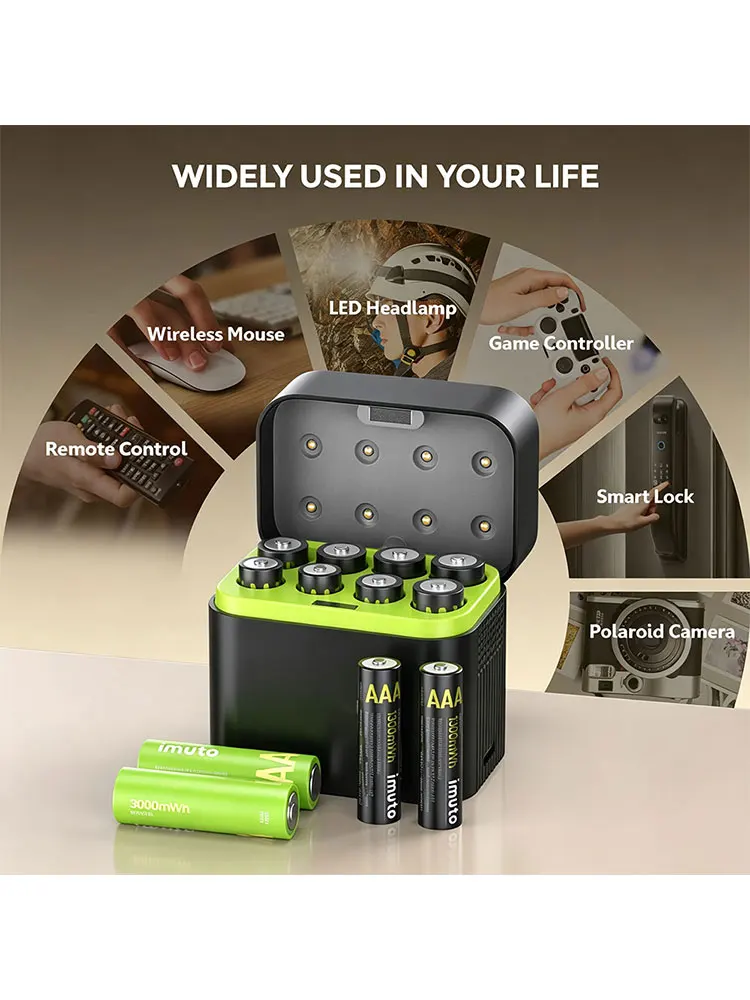8-teiliges USB-Batterieladegerät, intelligentes Schnellladen für AAA/AA-Geräte mit Schnellladekabel