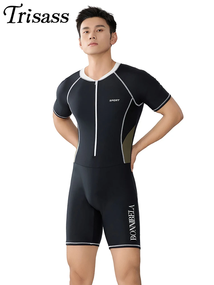 

Trisass 2025 Professional Sports Man One Piece Swimwear Short Sleeve Pants Swimsuit Men Surfing Diving Suit UV Sun Protection
