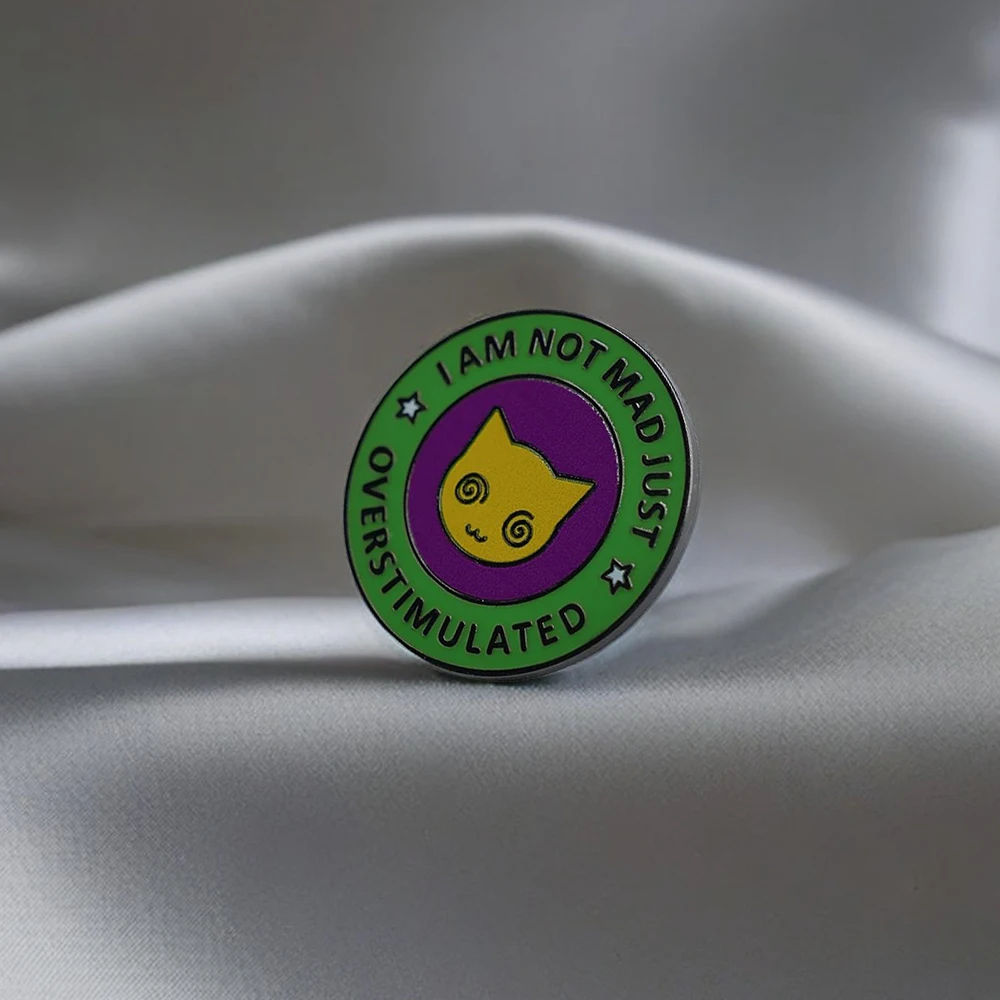 I Am Not Mad Just Overstimulated Lapel Pin Funny Silly Cat Badge Dizzy Psychedelic kitten Brooch Hippie Jewelry view 5