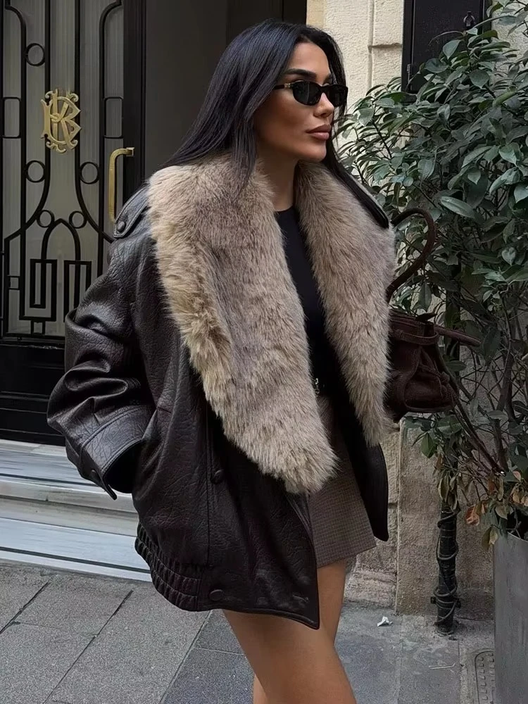 Winter Women Loose Faux Leather Jacket Fashion Removed Big Fur Collar Causal Coat High Street Double Breasted Outwear