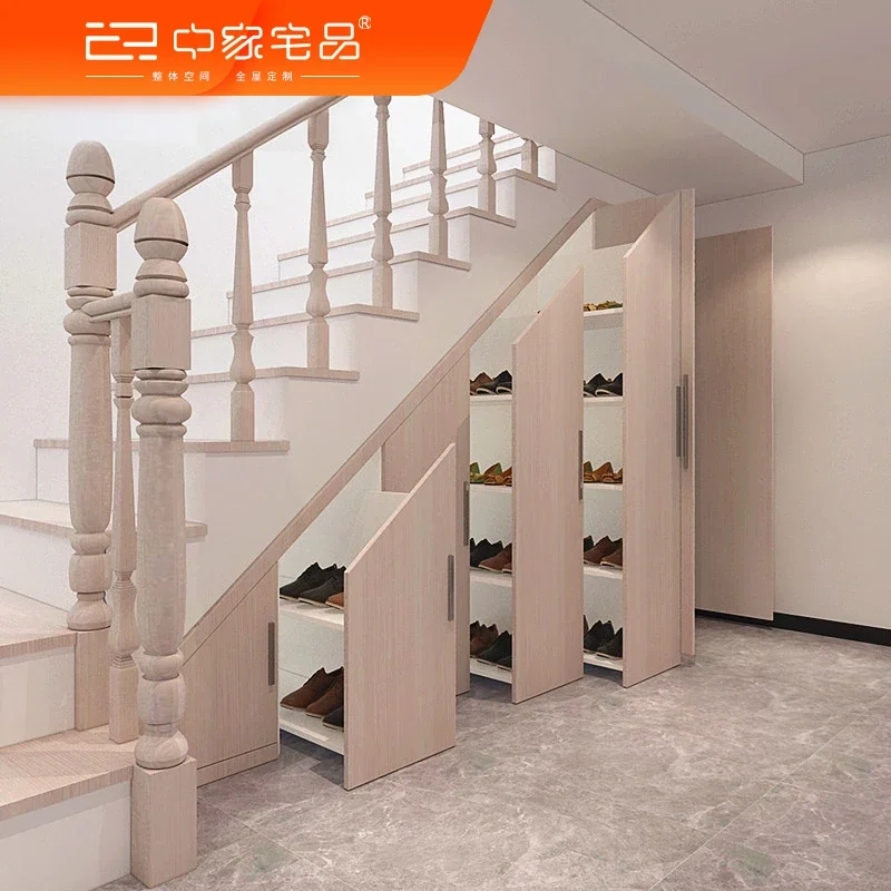 Original new design private custom under the stairs shoe cabinet wardrobe creative oak push-pull strong locker retractable