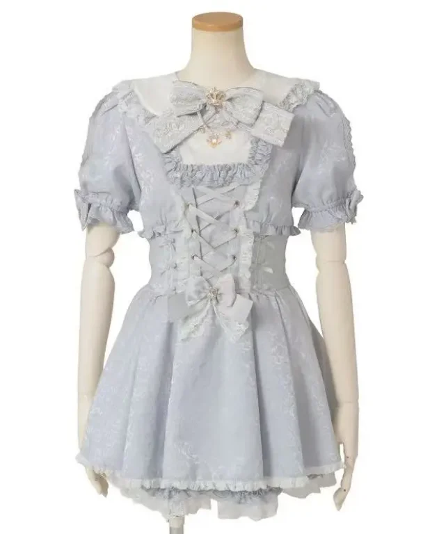 

Japanese Style Liz Cute Sweet Girls Short Sleeve Dress Retro Dark Pattern Jacquard Bow Detachable Collar Dress and Shorts Set