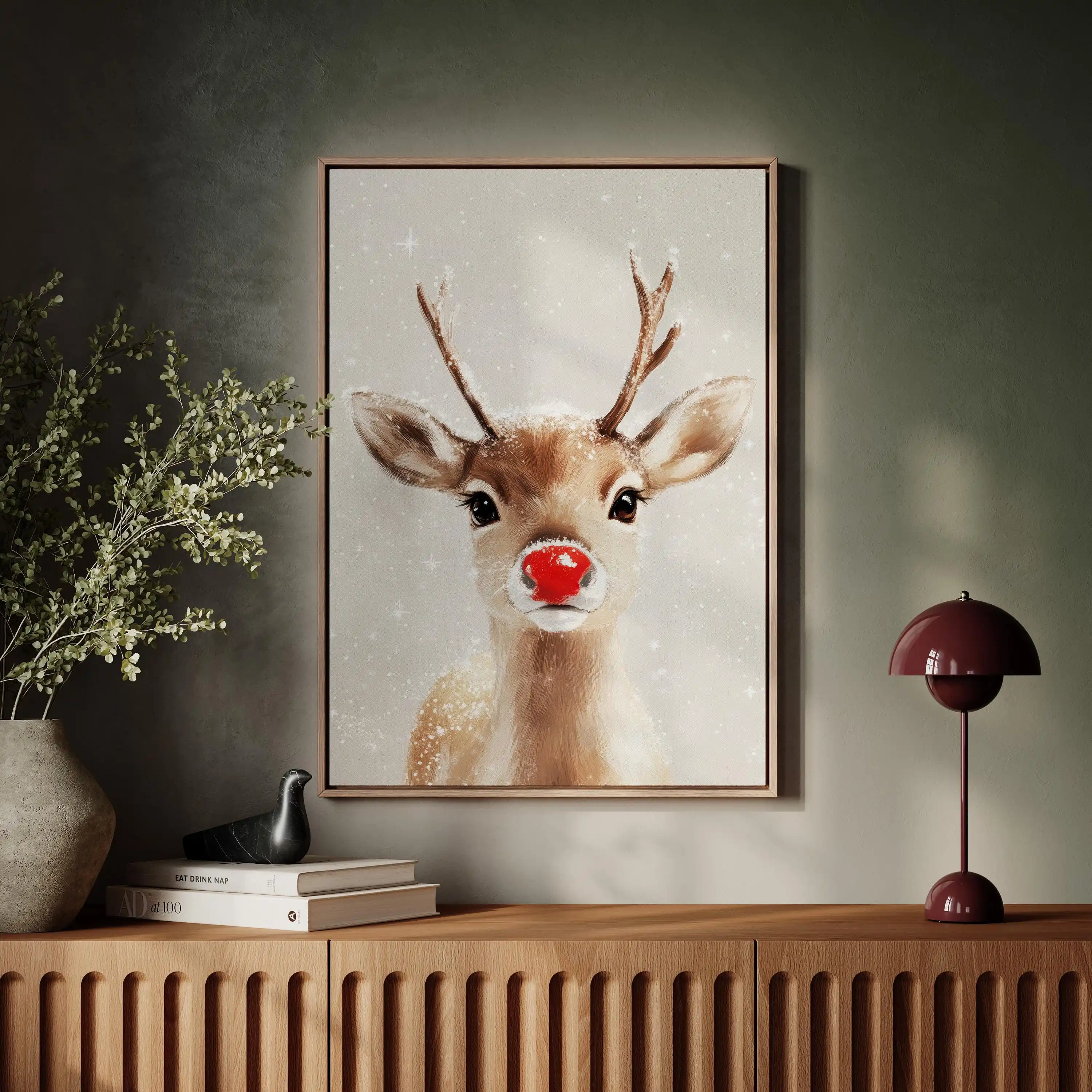 1pc frameless,Modern Christmas Red Nosed Reindeer Poster Christmas Farmhouse Mantle Canvas Wall Art Poster for Living Room and B