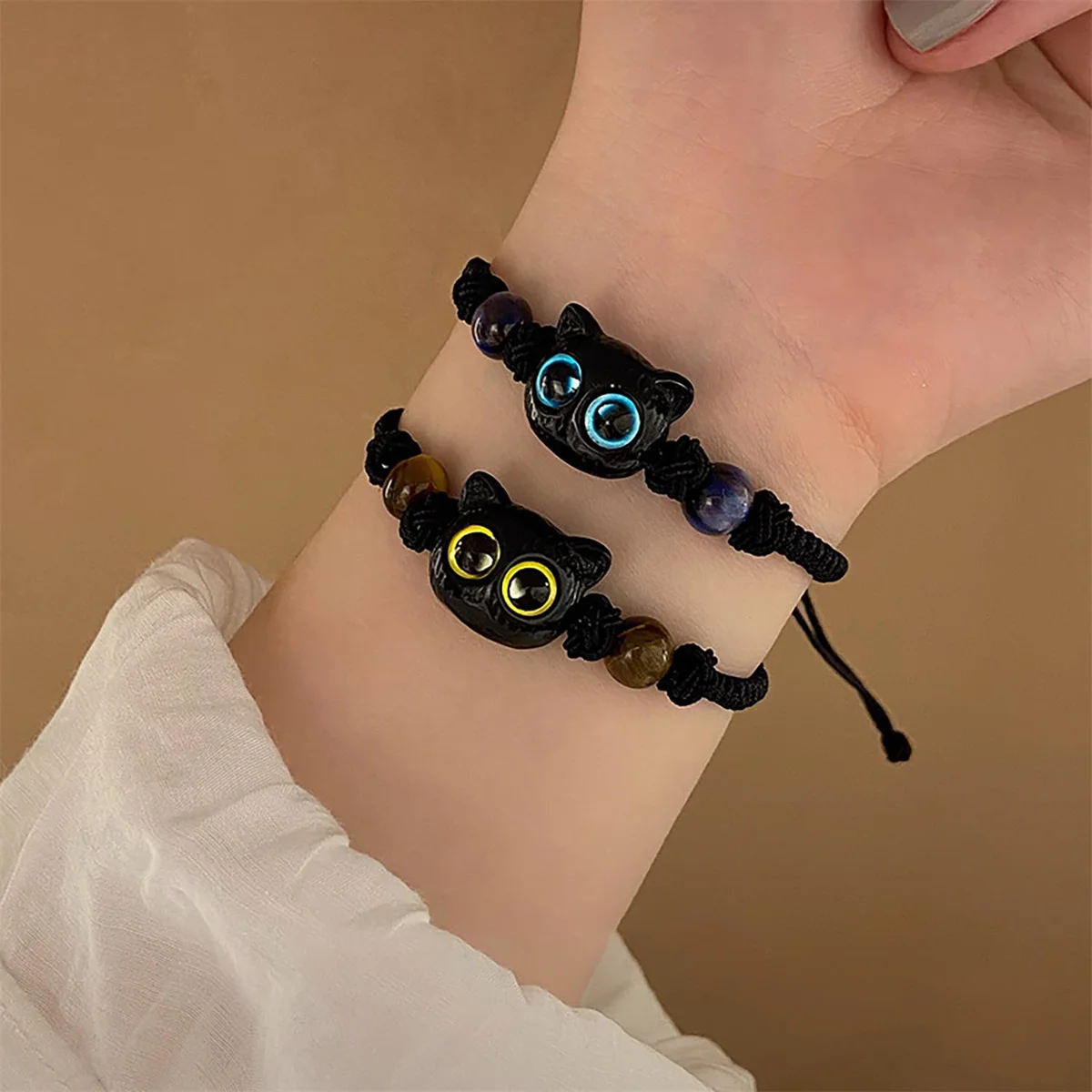 Cute Cat Adjustable Bracelet for Children Imitation Wood Crystal Braided Fashion Jewelry Trendy Cat Accessory for Friends