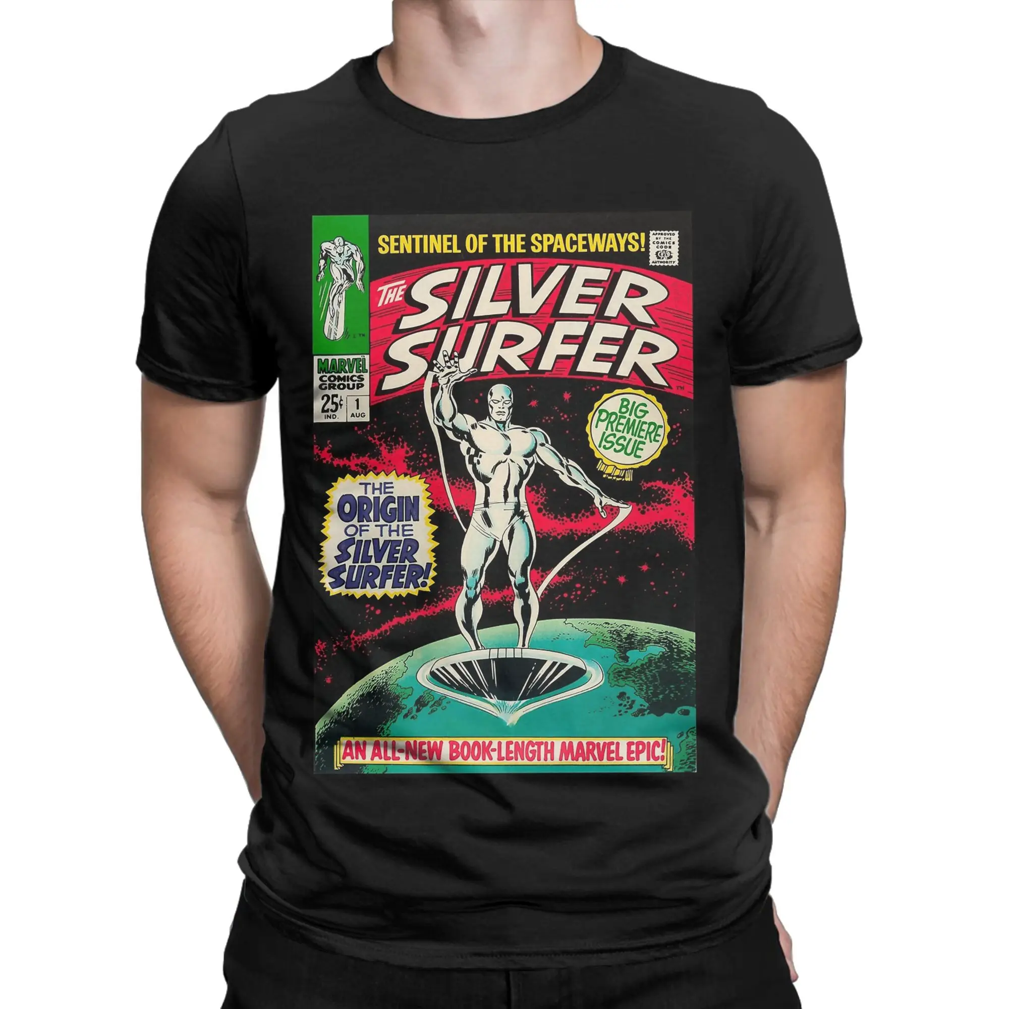 

Серебряная футболка с обложкой комиксов Surfer, летние забавные футболки Y2K, футболка для отдыха из 100% хлопка для мужчин, топы с короткими рукавами «сделай сам»