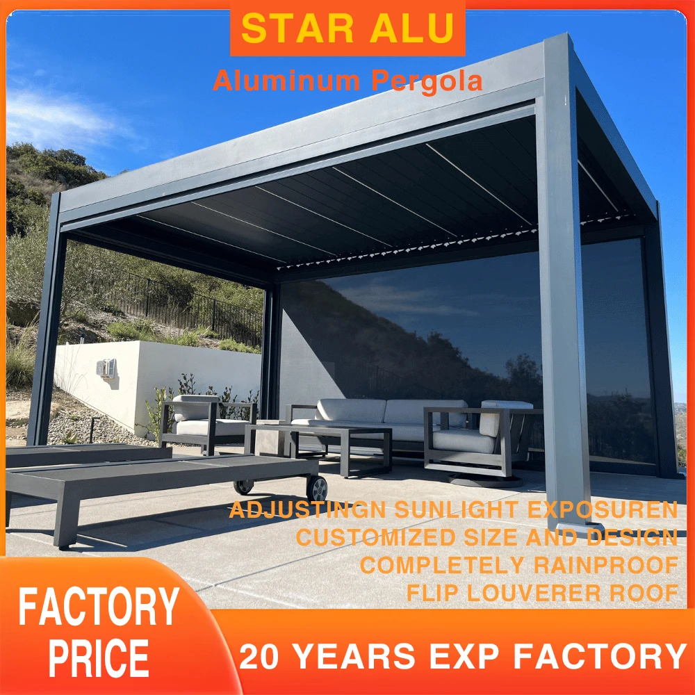 Customized Waterproof Sunshade Glass Sliding Outdoor Pergola Aluminum Motorized Louvered Pergola with Motorized Roof
