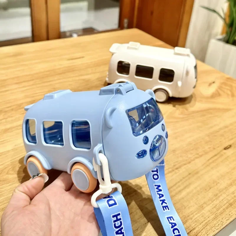 Cute Bus Portable Water Bottle With Shoulder Strap Kid Car Straw Water Cup Bus Shape Children Water Bottle Mugs