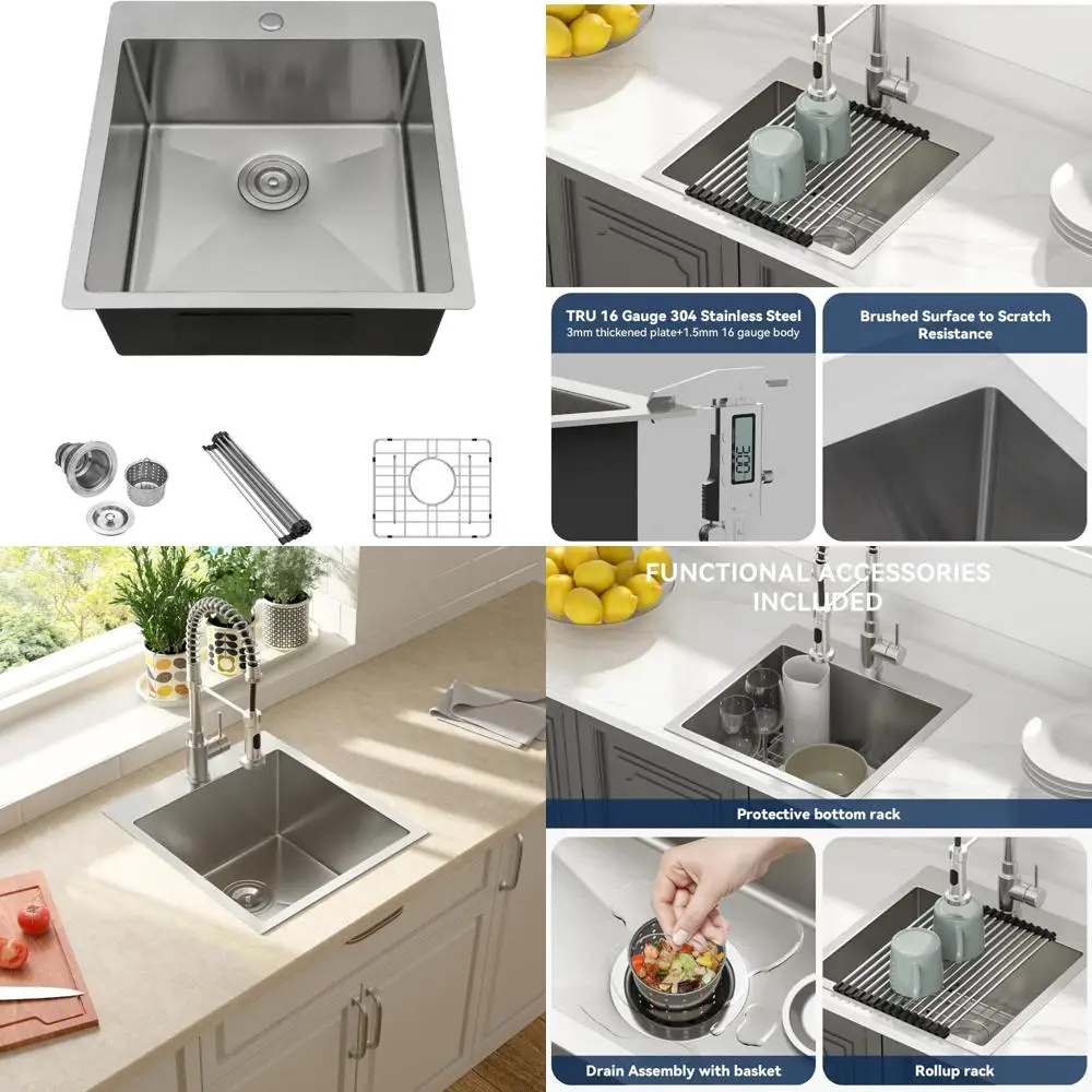

Stainless Steel 18x18 Inch Topmount Single Bowl Bar Sink for Kitchen and Outdoor Use, 16 Gauge T304 Material