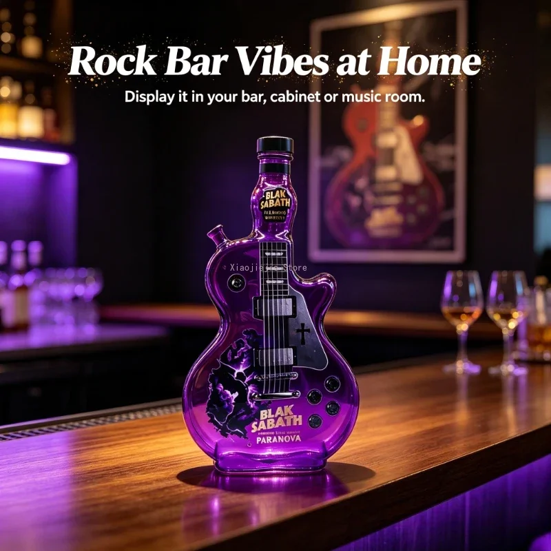 Purple Guitar Shaped Glass Whiskey Decanter, Novelty Liquor Bottle, Rock N Roll Home Bar Decor Gift for Rock Music Fans