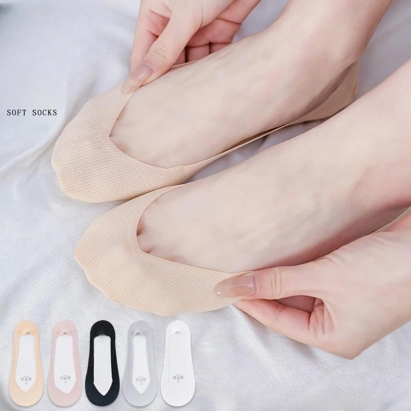 5 Pairs Summer Ice Silk Boat Socks Women Silicone Invisible Antiskid  Breathable Easy Match Ankle Low Short Socks Ladies Casual