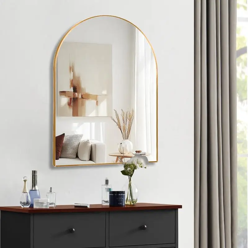 مرآة حائط مقوسة بإطار معدني ذهبي مقاس 30 × 40 بوصة لديكور الحمام