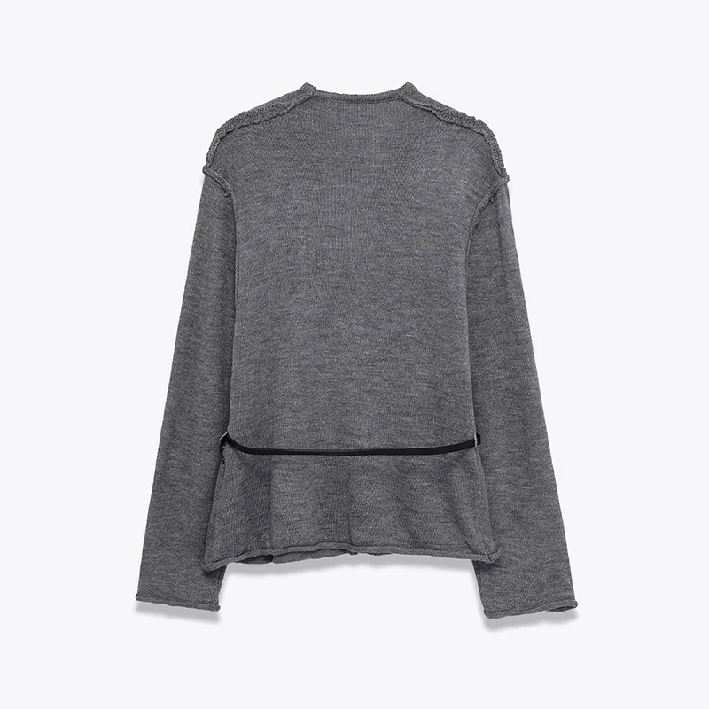 เสื้อคาร์ดิแกนถักแบบมีเข็มขัดสำหรับผู้หญิง แขนยาว คอวี สีเทา สำหรับฤดูใบไม้ผลิและฤดูใบไม้ร่วง