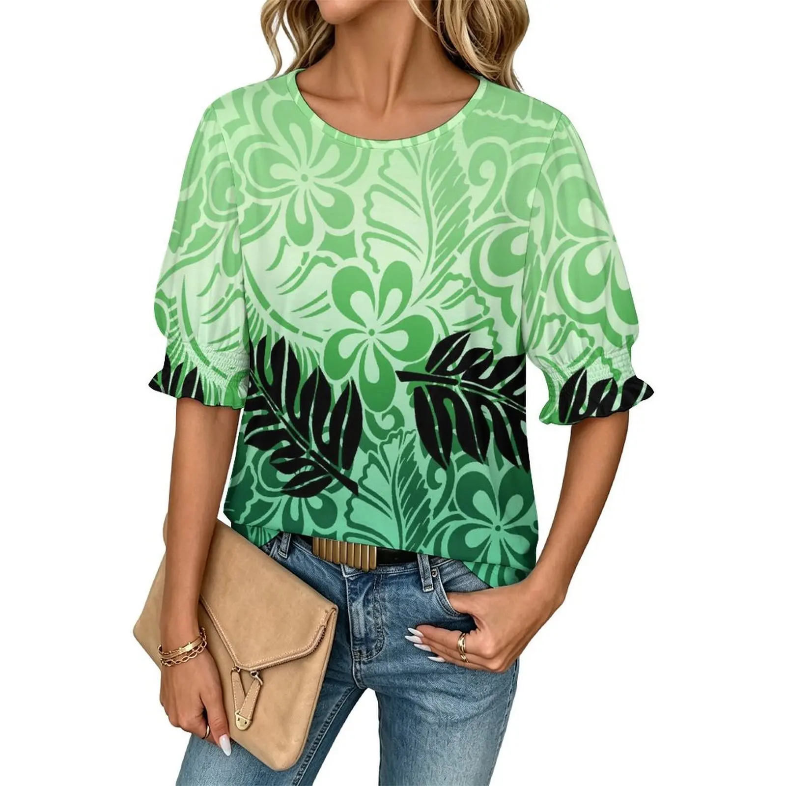 Newly designed Polynesian island patterned women's short-sleeved shirt with high-definition design, a casual shirt