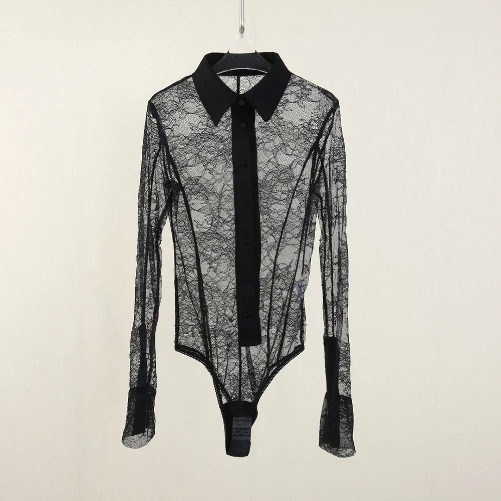 

100% Cotton Women's T-Shirt Y2K Lace-Trimmed Structured Collar Sexy Sheer Long-Sleeve Jumpsuit Top 2025 Fall/Winter New Arrival