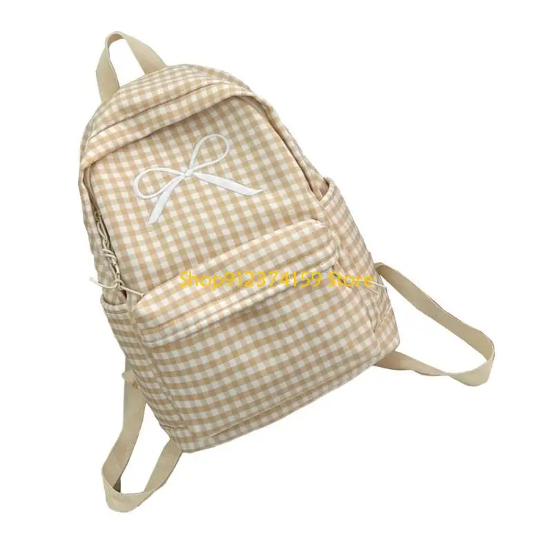 

G5AE Japanese School Bag Large Capacity Bowknot Checkered Backpack for Women