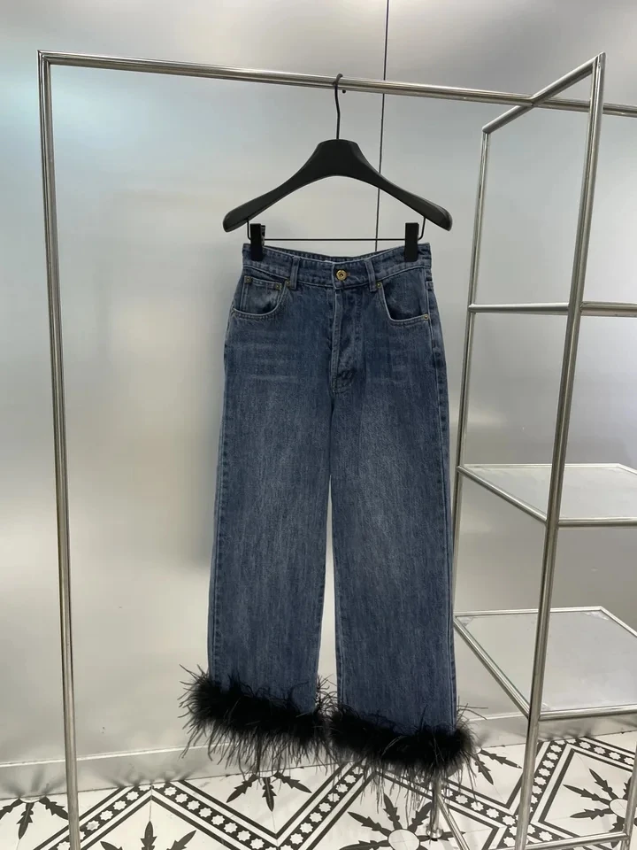 2024 SS Spring Luxury Fashion New Women Feathers Denim Cowboy Jeans Female Chic Pants