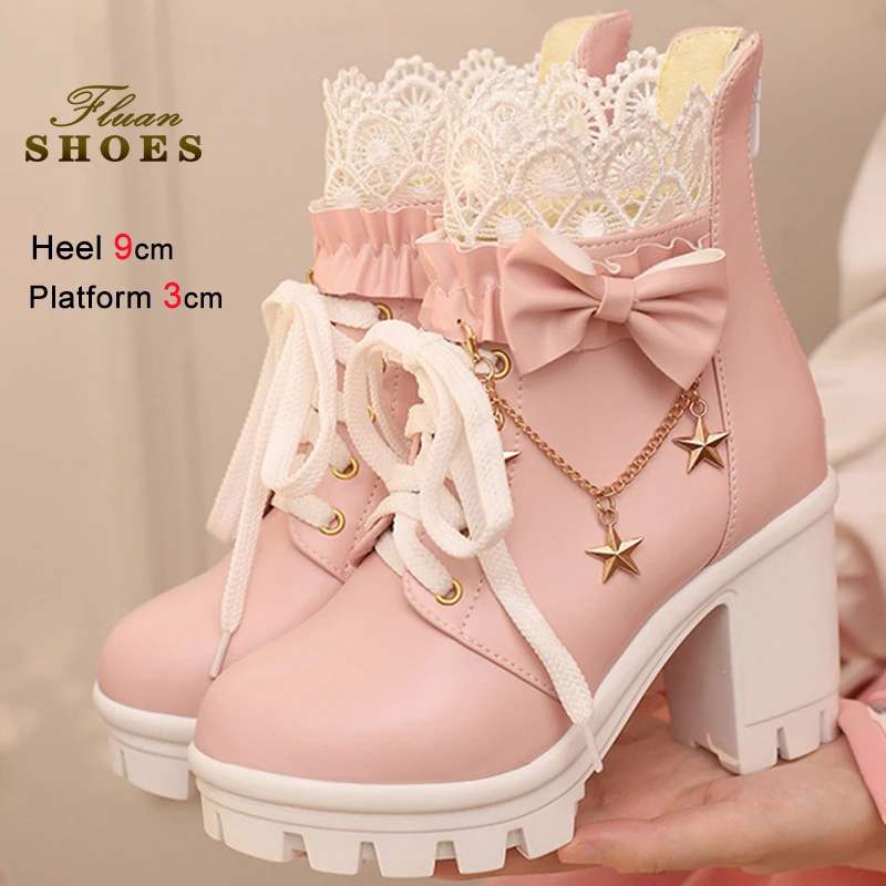 2025 New Pink Women's Ankle Boots Lace Up Back Zipper Ankle Boots Pearl Chain Bow Ladies's Boots Chunky Heeled Platform Boots