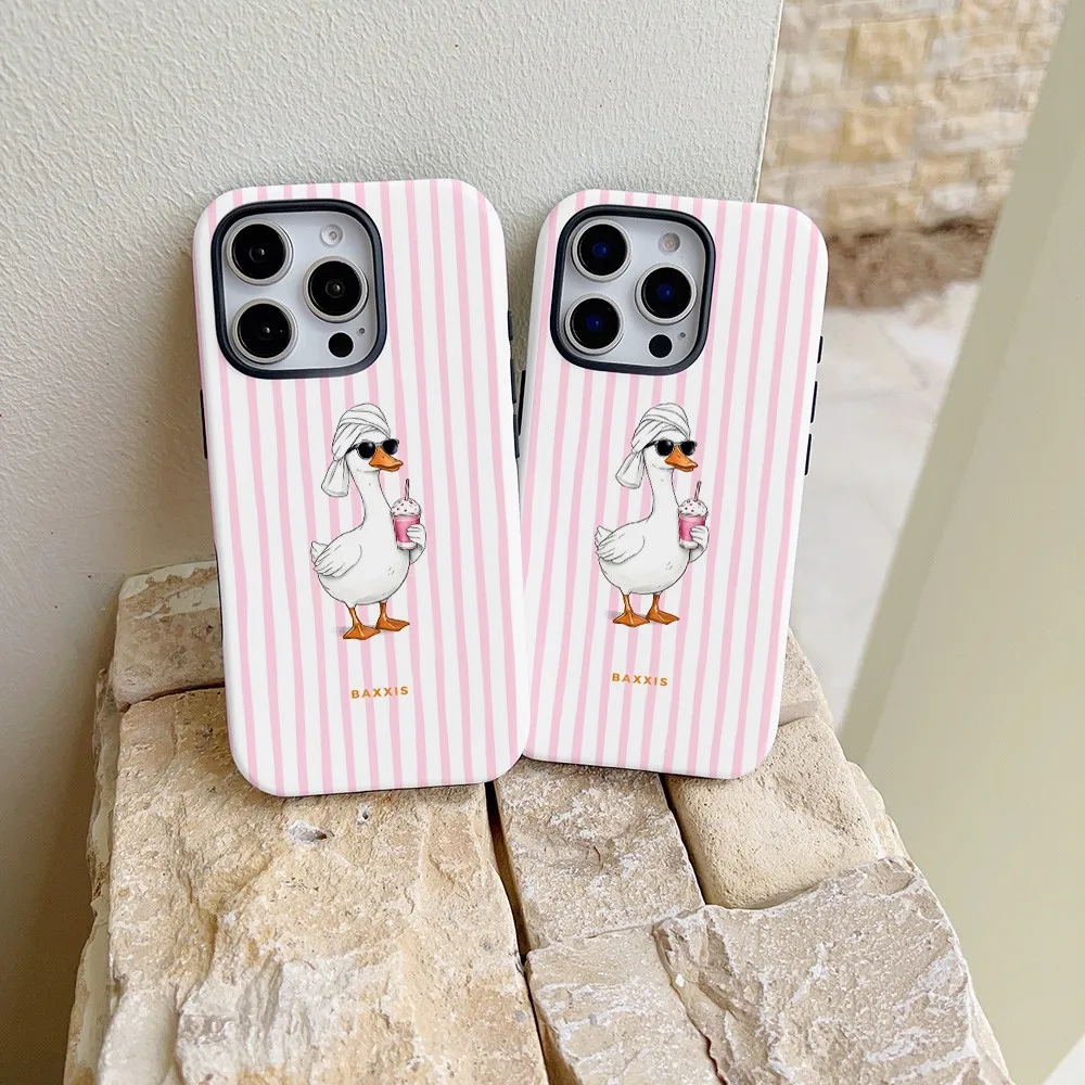 Pink Stripe Cute Duck Phone Case for Samsung Galaxy S22 S23 S24 S25 S26 FE Plus Ultra Edge 4G 5G Luxury Double-layer