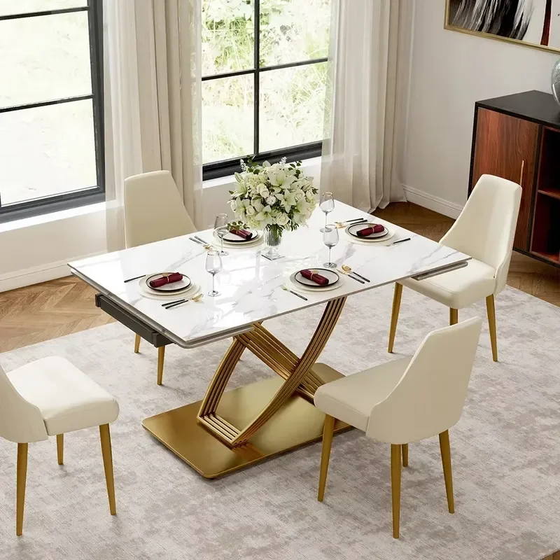 Modern Expandable Dinning Room Table Set Retractable Kitchen Furniture Sintered Stone Marble Top Extending Dining