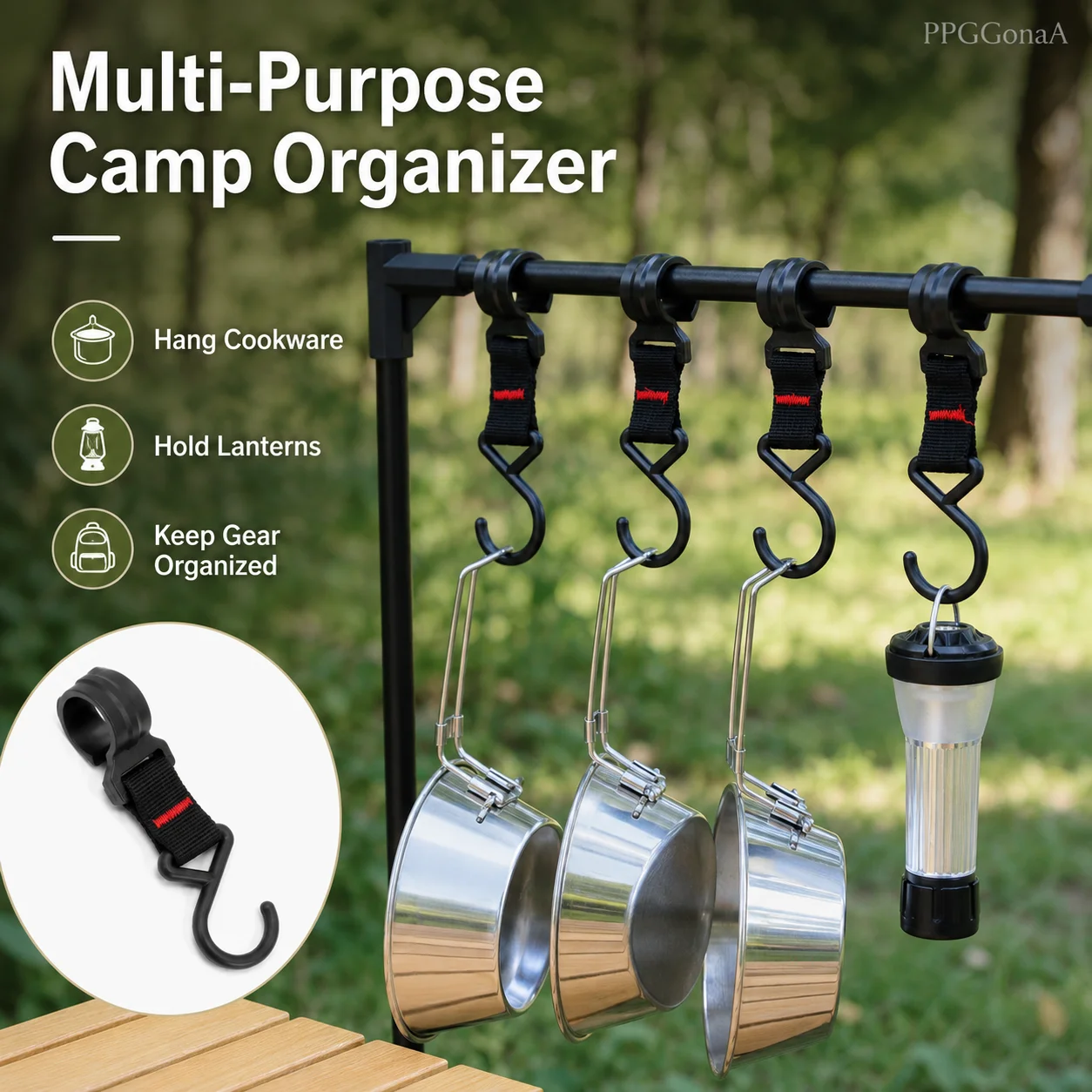 Camping Rack Hanging Hook Clip-On Storage Organizer for Lantern Cookware Cups Outdoor Tent Pole Gear Holder