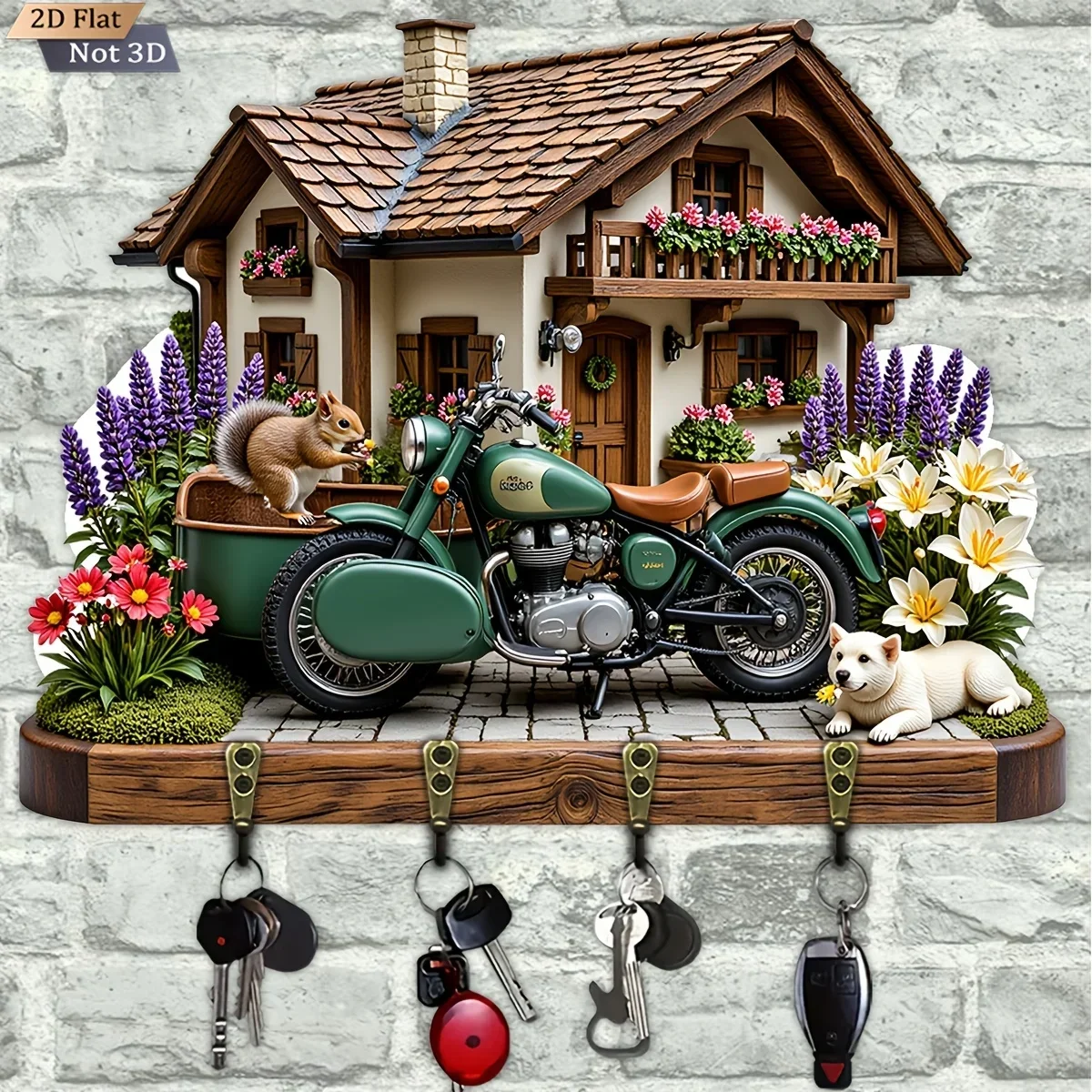 2D Flat, 1pc, Pine Squirrel Greenhouse Wooden Multifunctional Home Key Hook Rack, with Four Metal Hooks, Wall Decoration, Porch