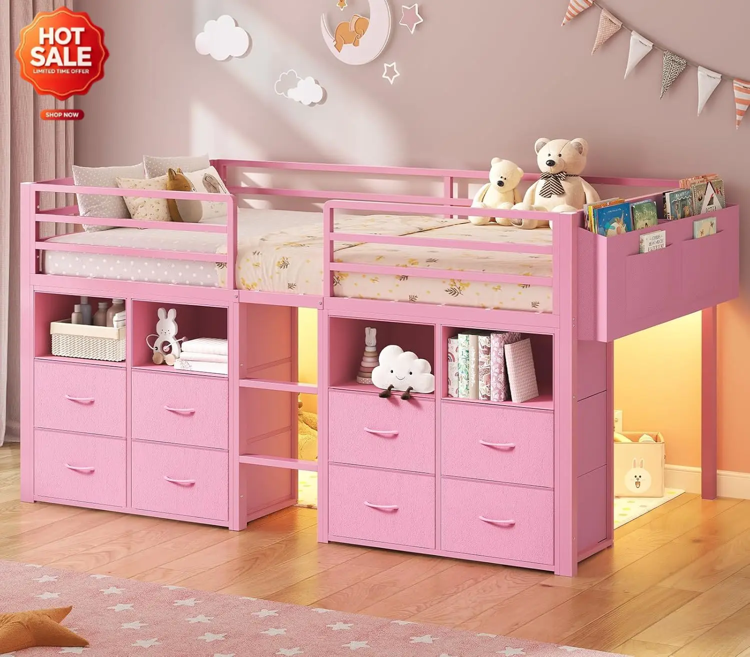 ADORNEVE Low Loft Bed Twin Size with 8 Storage Drawers for Kids, Pink | Storage Bookcases, LED Lights, 14
