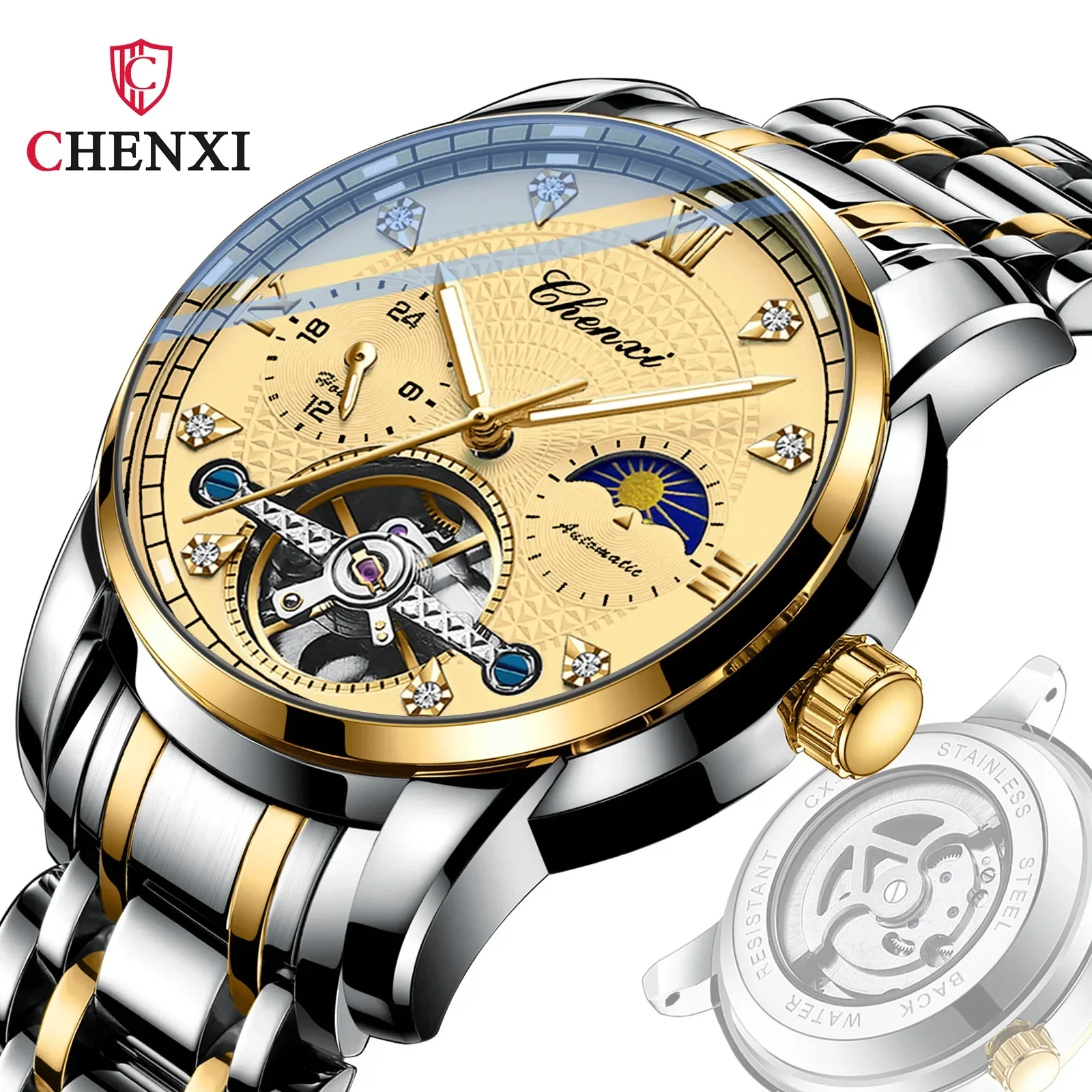 CHENXI 8870 Men Automatic Mechanical Watch Creative Business Luminous Flywheel Stainless Steel Wrist Watches for Male Gift