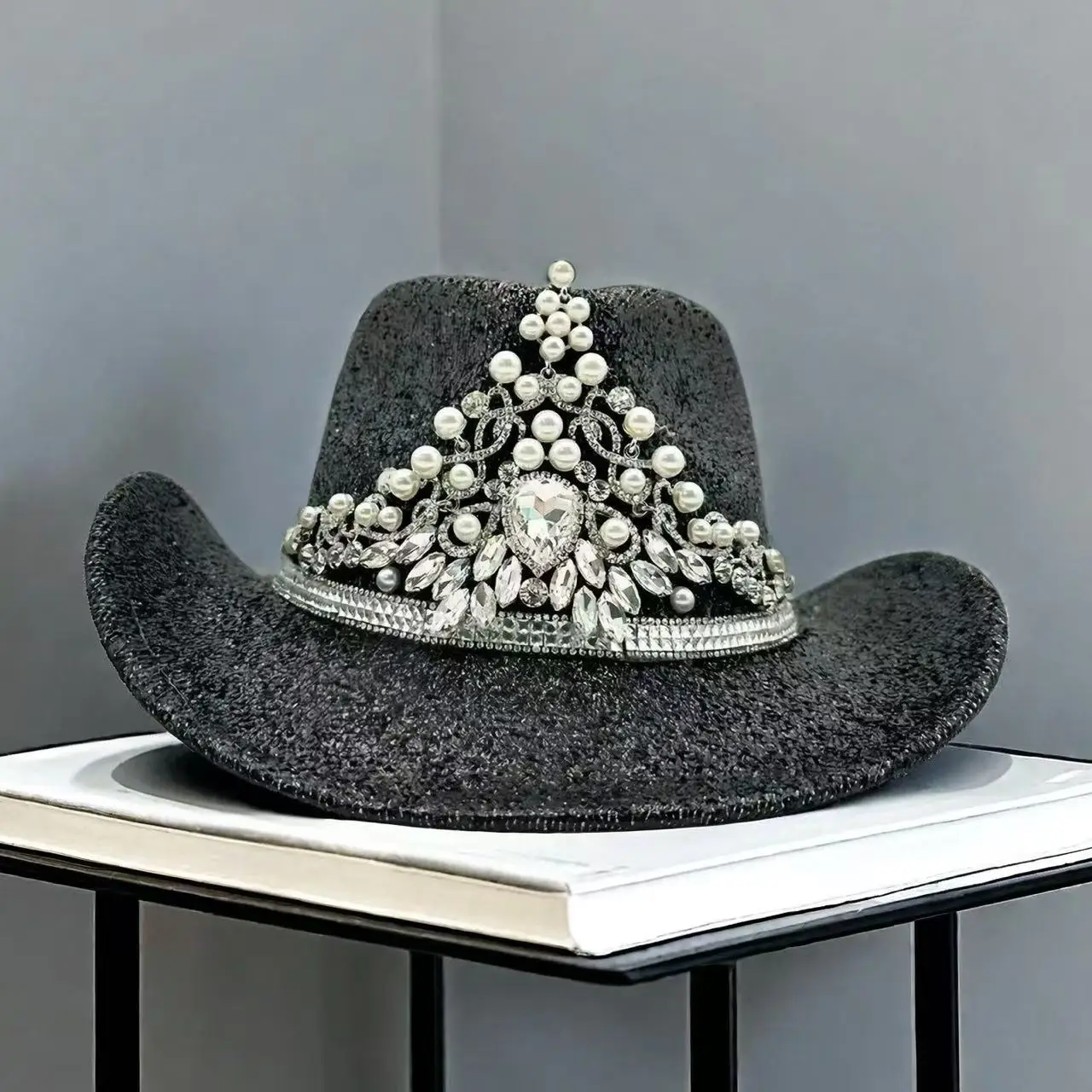 HongLuan Czarny Kapelusz na Halloween dla Dorosłych, Luksusowe Kapelusze Kowbojskie z Cyrkoniami dla Kobiet, Akcesoria do Cosplayu i Kapelusz Kowbojski