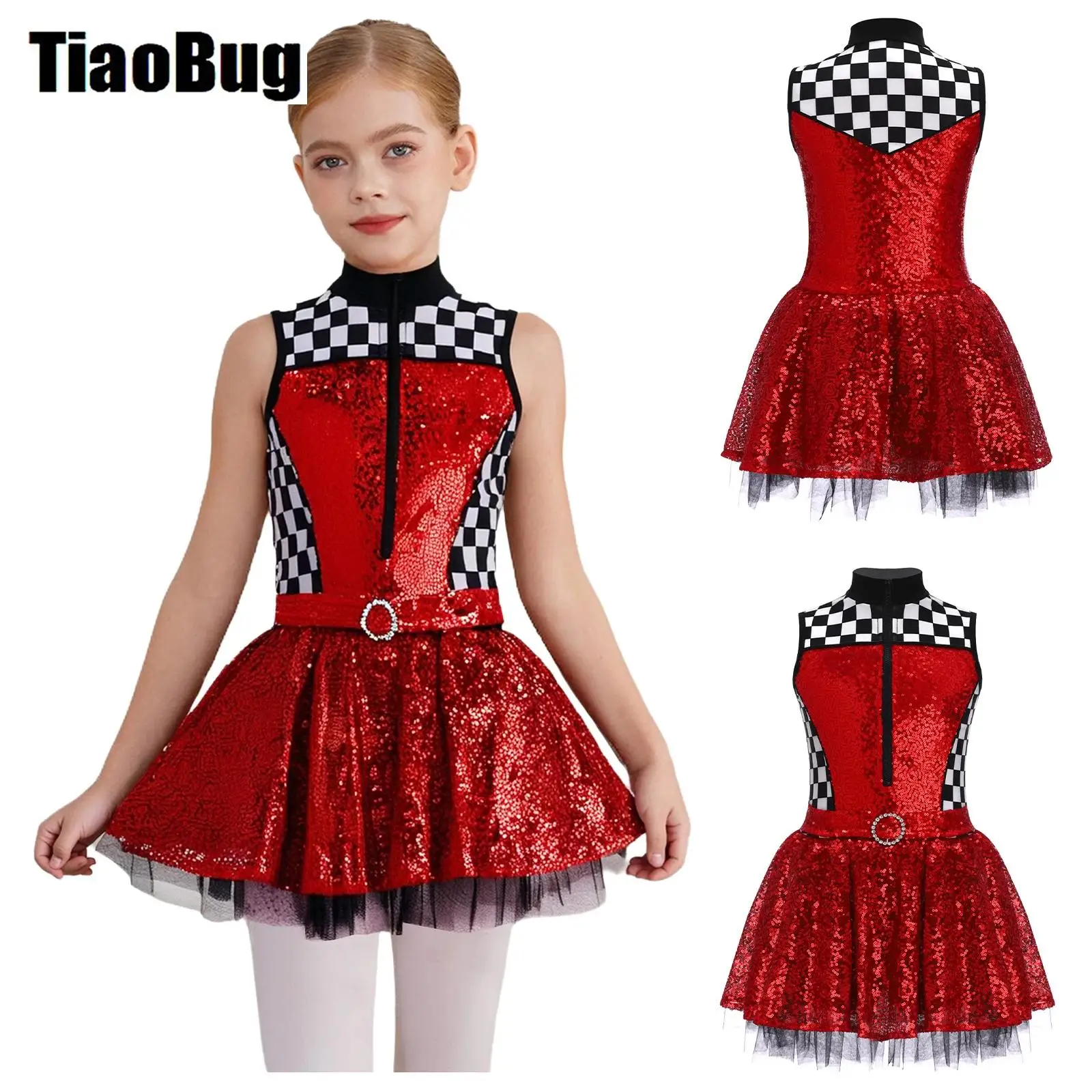 

Girls Race Car Driver Costume Sequin Rhinestone Puffy Dress Ballet Tutu Leotard Dress Checkerboard Sleeveless Mock Neck Jumpsuit