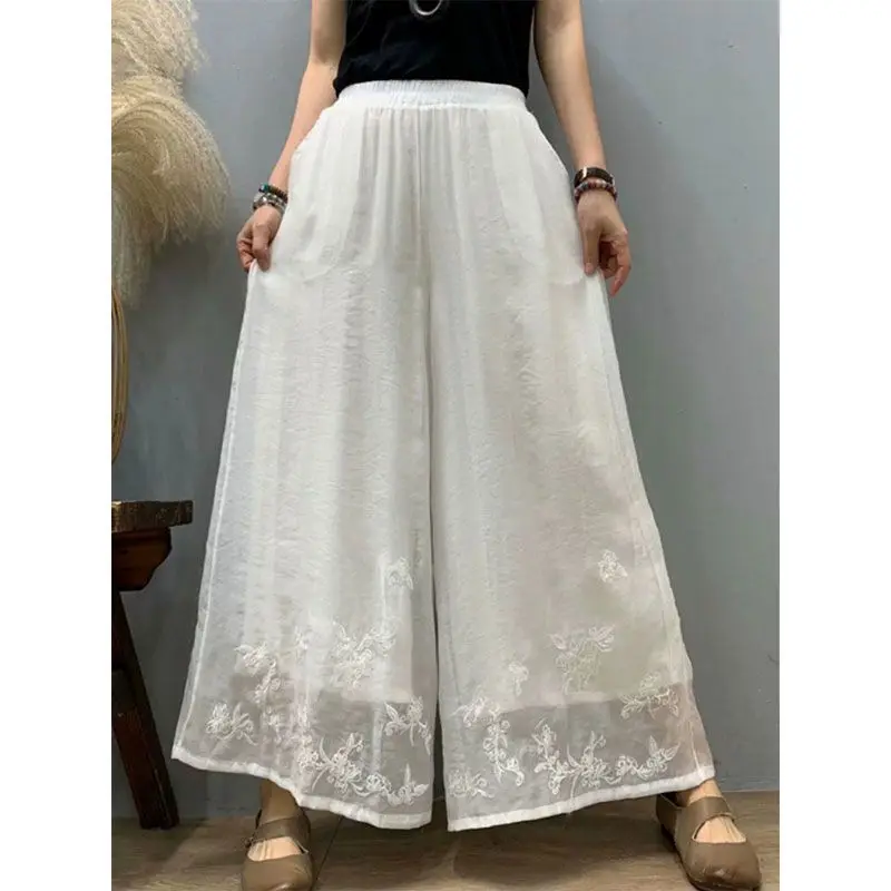 

New Chinese Style Embroidered Wide-leg Pants for Women in Summer Cotton Linen Elastic Waist Double-layer Skirt Pants Korean Girl