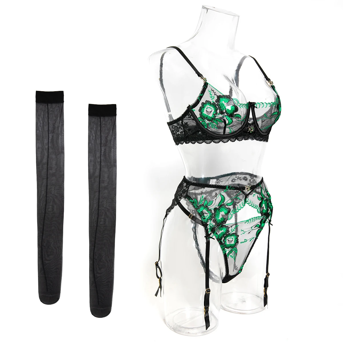 Conjunto de lencería de lujo de 4 piezas con malla negra y bordado floral verde, sujetador con aros, liguero y cinturón de lencería, ropa de noche sensual para mujer
