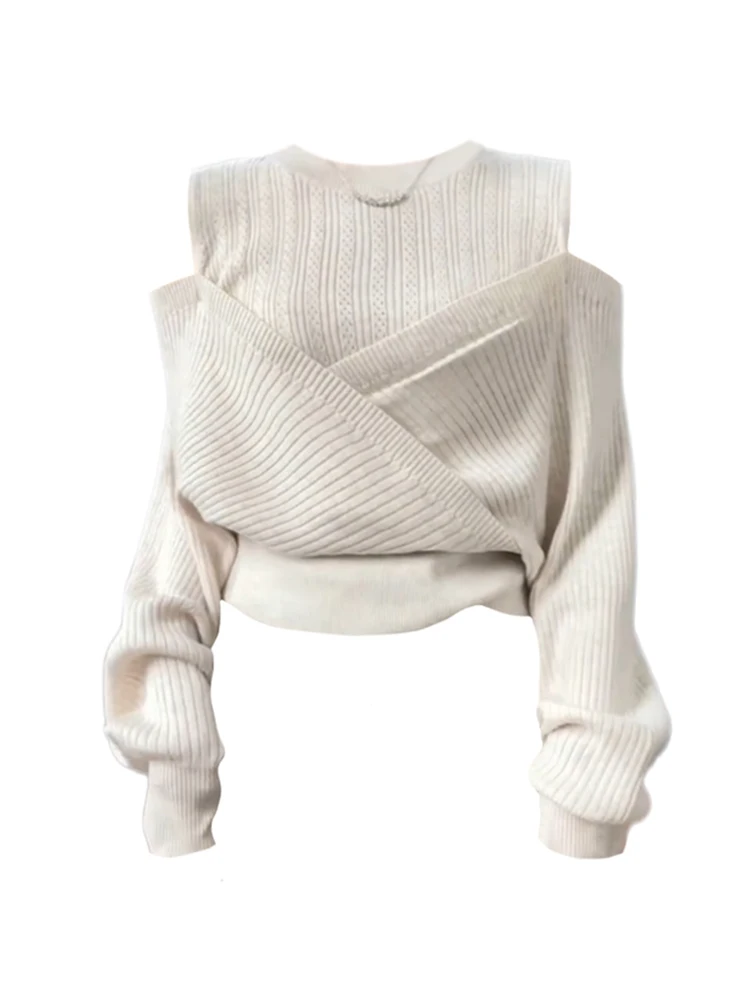 Mori Girl Fashion Spliced Knitted Sweater Off Shoulder Simple O-Neck Long Sleeve Female Pullovers Chic Streetwear Preppy Style