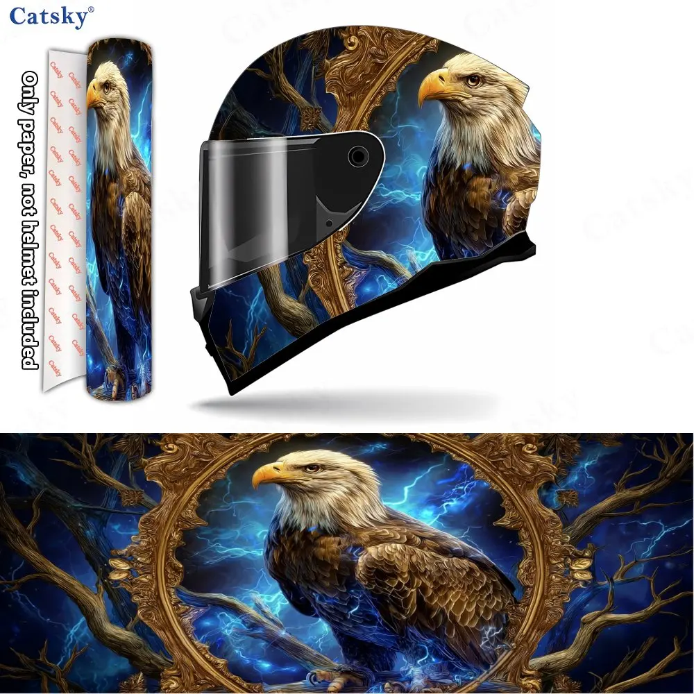 Blue Lightning Storm and Vintage Golden-Frame Eagle Helmet Vinyl Wraps, Waterproof Scratch-Resistant Full Face Helmet Decals, Du