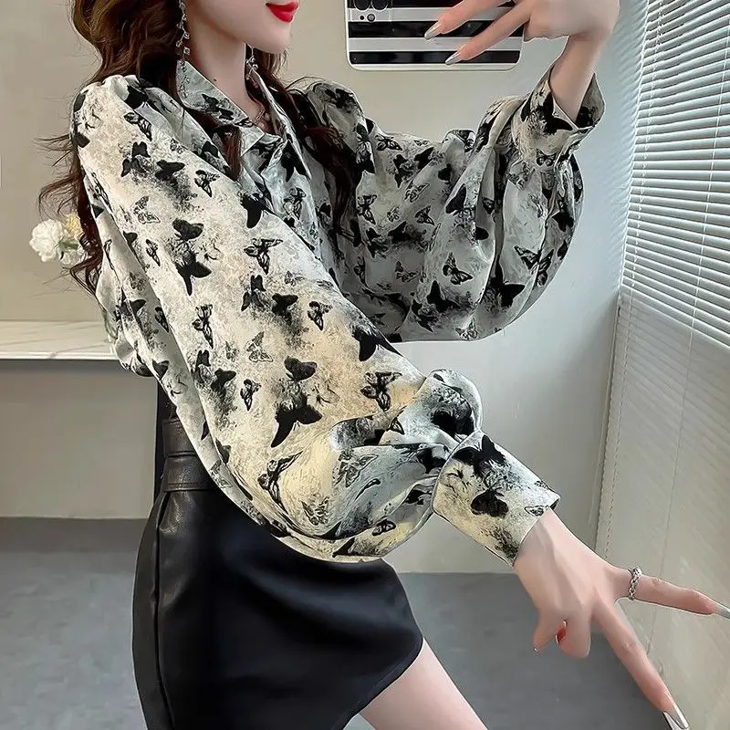 Summer Streetwear Polo-neck Printed Buttons Top Women Long Sleeve Loose Casual Harajuku Y2K Shirt Lady Elegant All-match Blouse