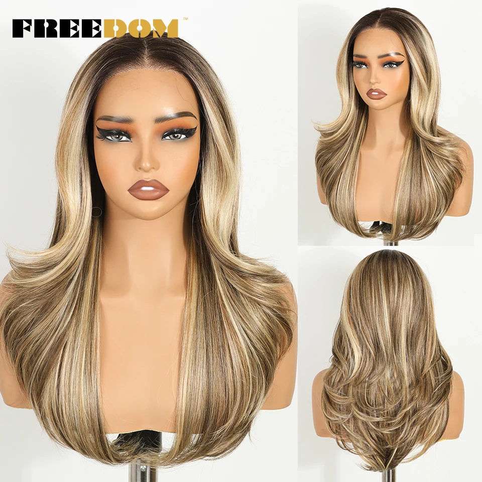 

FREEDOM Synthetic Lace Front Wigs For Women Nature Wavy Ombre Brown Blonde 6x4 Pre Plucked Pre Cut Wear And Go Glueless Lace Wig