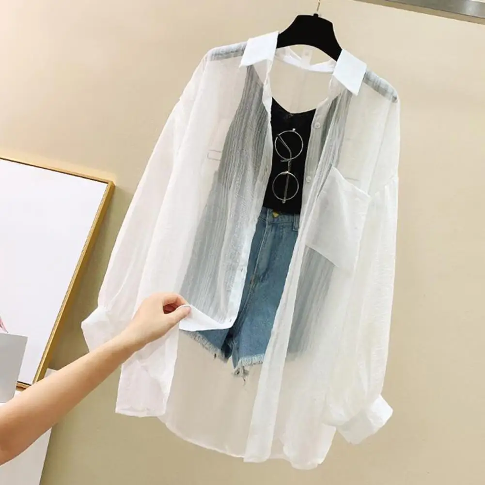 

Fashion Women Holiday Beach Shirts See Through Chiffon Blouse New Summer Tops Sun Protection Clothes Long Sleeve Blusas