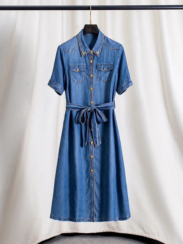 

Stylish Summer Thin Short Sleeve Ruffle Hem Denim Dress Women's Midi Blue Skirt Natural Waist A-Line Silhouette