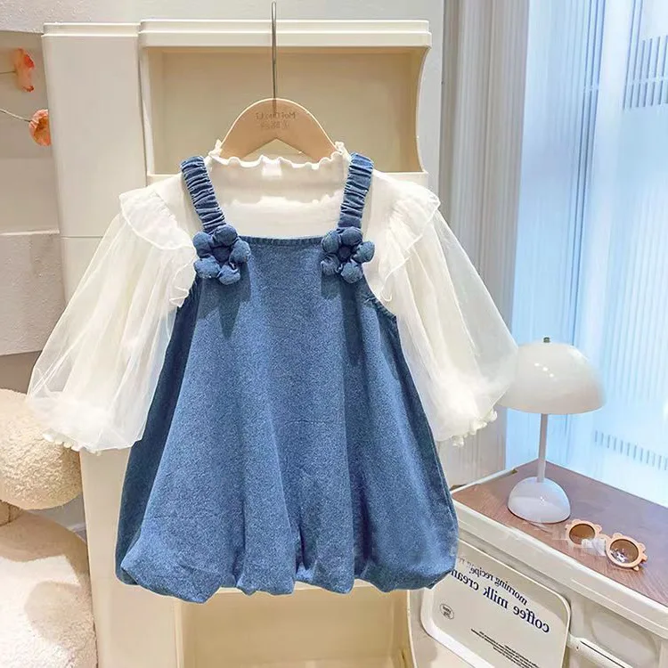 Spring Autumn Children Girl 2PCS Clothes Set Lace Collar Mesh Sleeves Kid Girl Pullover Patchwork Flower Girl Budding Dress Suit