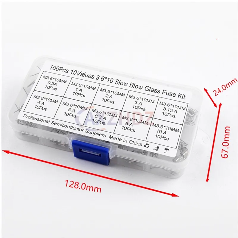 100pcs 10Kind x 10pcs 3.6*10mm 250V Double Iron Cap Axial Slow Glass Fuse With Lead Wire 0.5A 1A 2A 3A 3.15A 4A 5A 6.3A 8A 10A