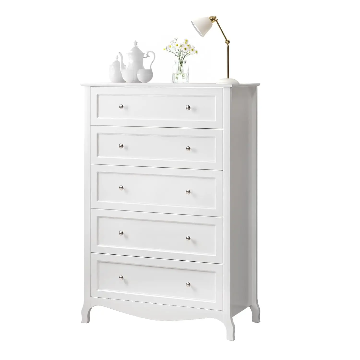 White Dresser 5 Drawer Chest of Drawers for Bedroom, 44.5" Tall Wood Dresser with Drawers, 29.92" W*15.75" D*44.49" H